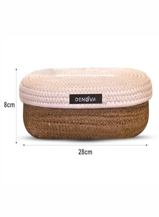 DENOVA Cotton Tissue Box Holder - Handcrafted Tissue Container for 100 Pulls Paper Towel Dispenser for Office Living Bedroom Car Desk Dining Table Home Decor (Oval, Cream & Natural) - Image 2